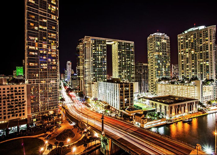 Apartment Greeting Card featuring the photograph View Onto Miami Skyine At Night by Christian Adams