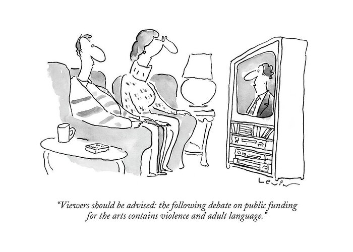 Television-channel 13 Greeting Card featuring the drawing Viewers Should Be Advised: The Following Debate by Arnie Levin