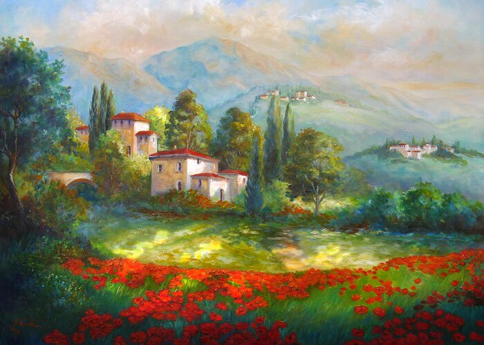 Italian Landscape Greeting Card featuring the painting Village with poppy fields by Regina Femrite
