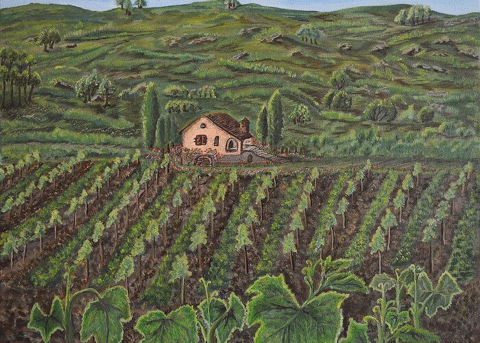 Spire-like Lombardy Cypress Trees Greeting Card featuring the painting Vineyard in Neuchatel by Felicia Tica