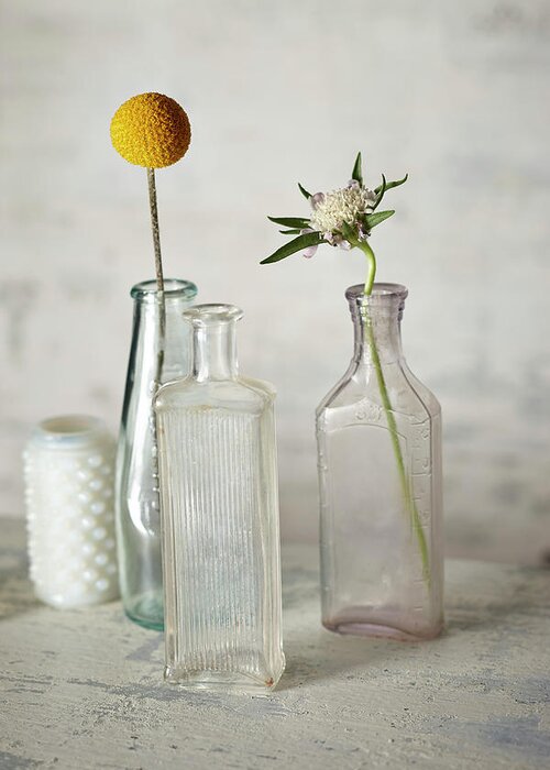 Fragility Greeting Card featuring the photograph Vintage Bottles And Flowers by Lew Robertson