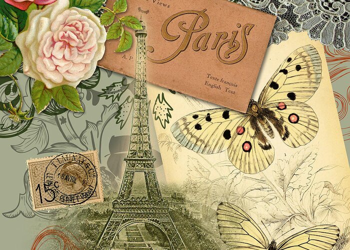 France Greeting Card featuring the digital art Vintage Eiffel Tower Paris France Collage by Mary Hubley