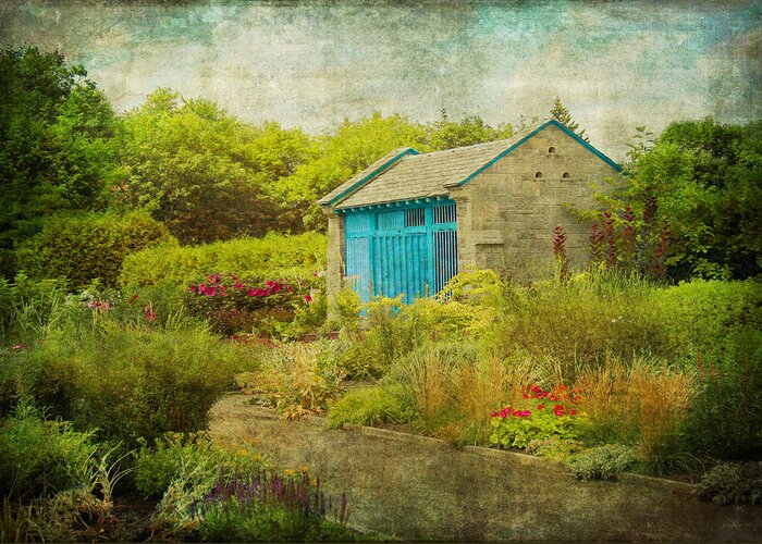 Garden Shed Greeting Card featuring the photograph Vintage Inspired Garden Shed with Blue Door by Brooke T Ryan