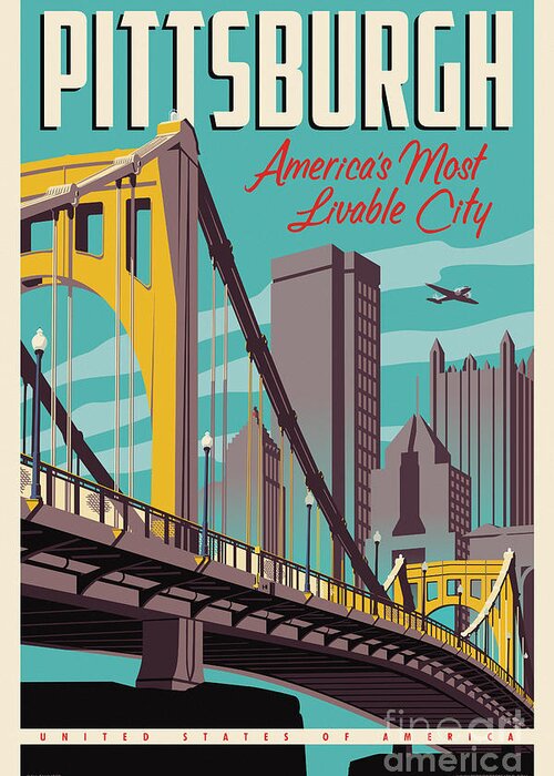 Travel Poster Greeting Card featuring the digital art Pittsburgh Poster - Vintage Travel Bridges by Jim Zahniser