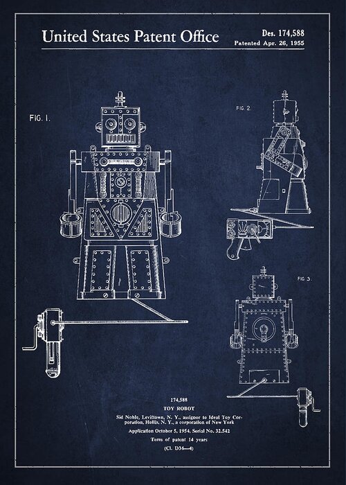 Robot Greeting Card featuring the digital art Vintage Toy Robot Patent Drawing from 1955 by Aged Pixel