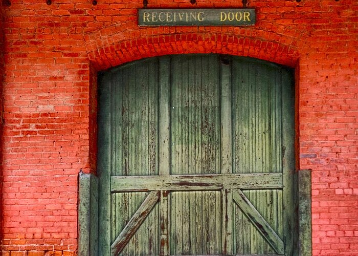 Augusta Greeting Card featuring the photograph Vintage Train Depot Receiving Door - Augusta by Mark Tisdale