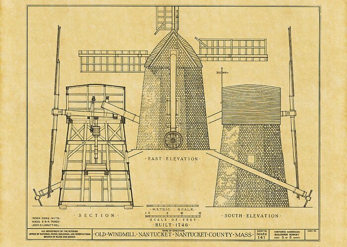 Windmill Greeting Card featuring the photograph Vintage Windmill Blueprint by Andrew Fare