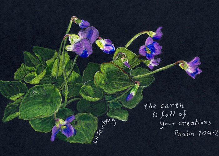 Flowers Greeting Card featuring the painting Violets and Psalm 104 by Linda Feinberg