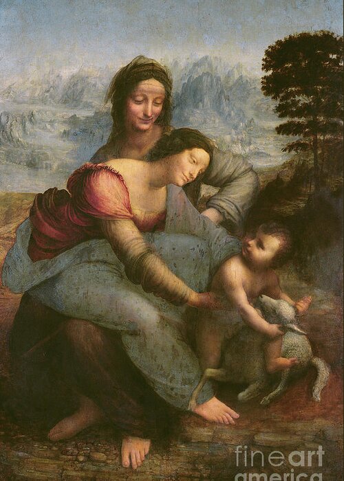 Leonardo Greeting Card featuring the painting Virgin and Child with Saint Anne by Leonardo Da Vinci