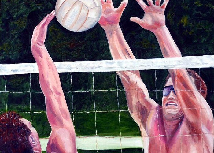 Volleyball Greeting Card featuring the painting Volleyball Block by Julie Brugh Riffey