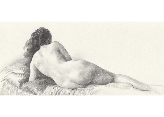 Nude Greeting Card featuring the drawing Voluptuous Reclining Nude Luxuriating on Victorian Settee after Eakins by Scott Kirkman