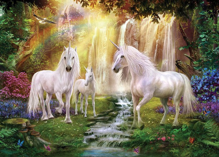 Unicorn Greeting Card featuring the photograph Waaterfall Glade Unicorns by MGL Meiklejohn Graphics Licensing