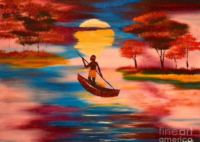 Sunset Greeting Card featuring the painting Wading For Magenta by Denise Tomasura