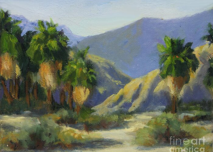 Desert Scene Greeting Card featuring the painting California Palms in the Preserve by Maria Hunt