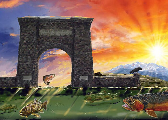 Yellowstone Arch Greeting Card featuring the painting Warm Christmas of 2012 by Les Herman
