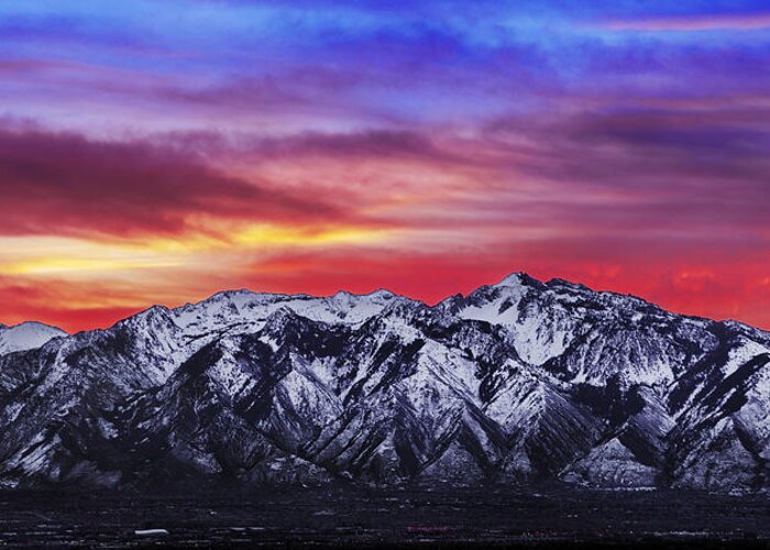 Sky Greeting Card featuring the photograph Wasatch Sunrise 2x1 by Chad Dutson