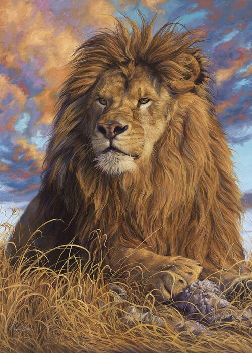 Lion Greeting Card featuring the painting Watchful Eyes by Lucie Bilodeau
