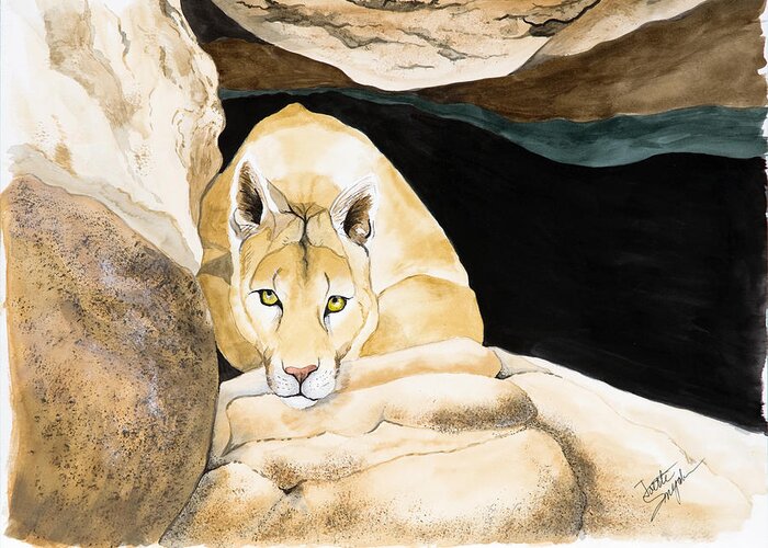 Cougar Greeting Card featuring the painting Watching by Joette Snyder