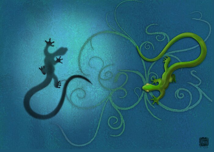 Gecko Greeting Card featuring the digital art water colour print of twin geckos and swirls Duality by Sassan Filsoof