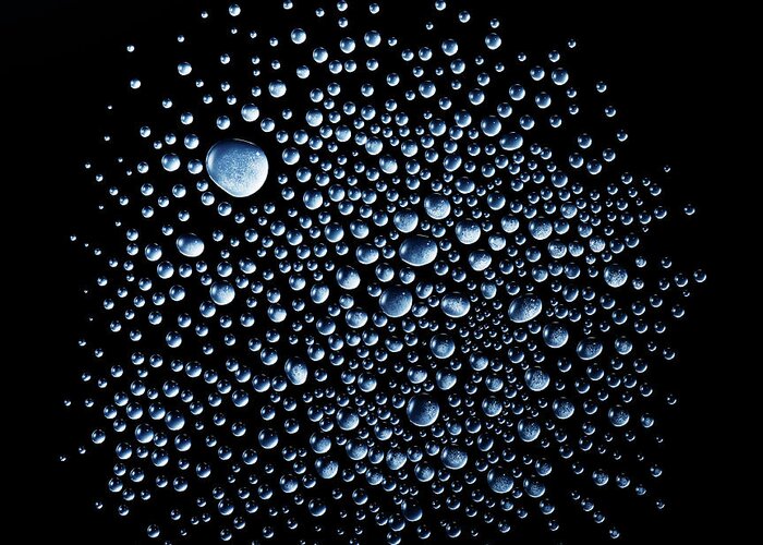 Black Background Greeting Card featuring the photograph Water Droplets On Black Background by Biwa Studio