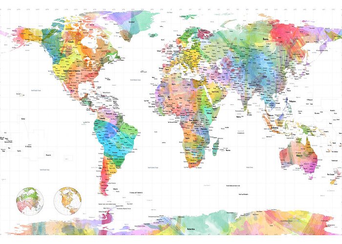 World Map Greeting Card featuring the digital art Watercolor Political Map of the World by Michael Tompsett