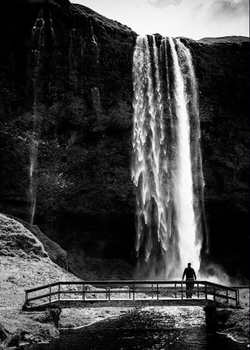 Iceland Greeting Card featuring the photograph Waterfall Seljalandsfoss Iceland black and white stark contrast by Matthias Hauser