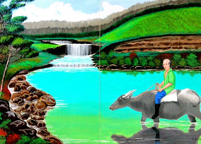 Landscape Greeting Card featuring the painting Waterfalls and Man Riding a Carabao by Cyril Maza