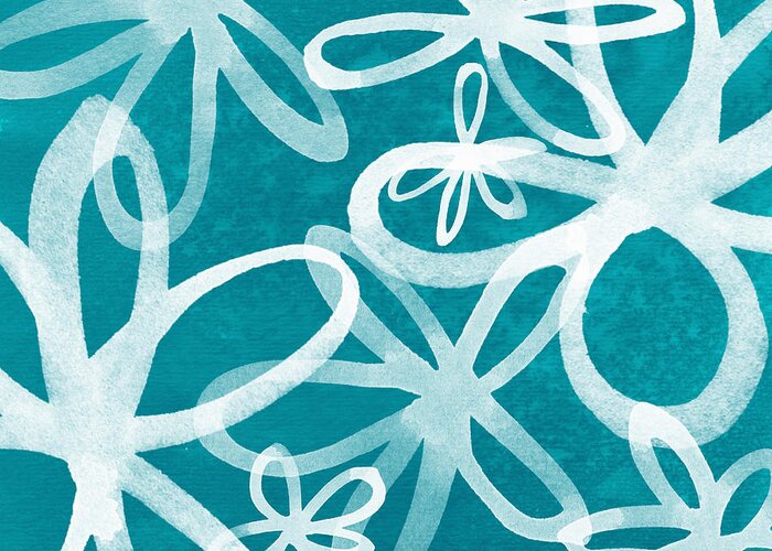 Large Abstract Floral Painting Greeting Card featuring the painting Waterflowers- teal and white by Linda Woods