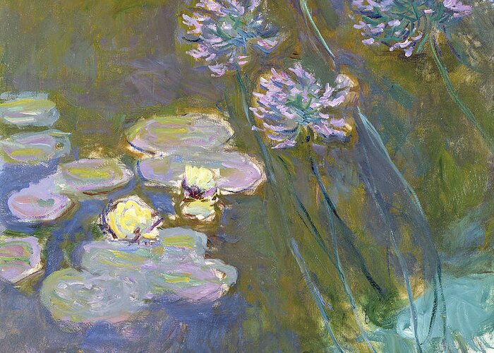 Reproductions Greeting Card featuring the painting Waterlilies and Agapanthus by Claude Monet