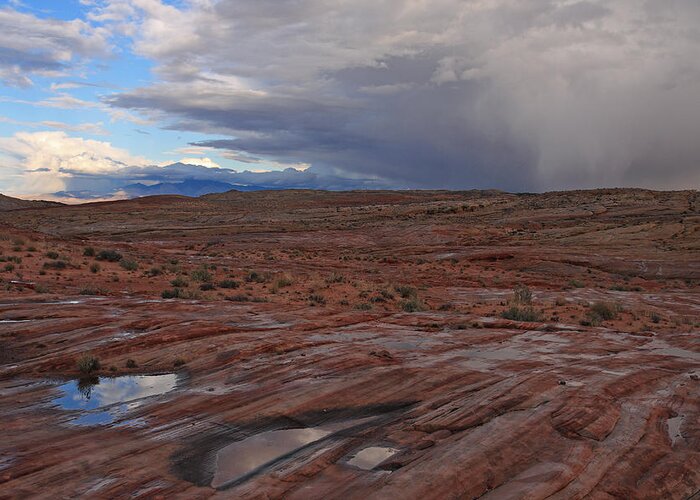 Nature Greeting Card featuring the photograph Waterpockets And Storm At The Valley Of Fire by Steve Wolfe