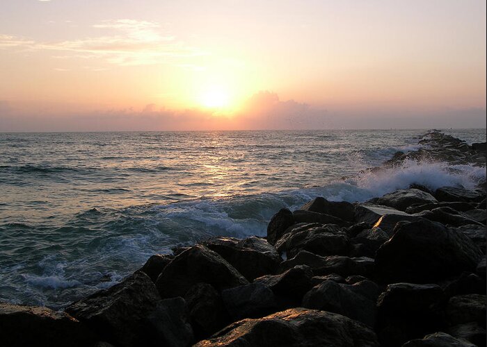 Rocks Greeting Card featuring the photograph Waves on the jetty at sunrise by Julianne Felton