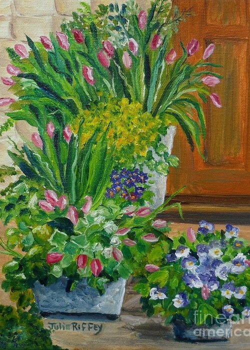 Potted Plants Greeting Card featuring the painting Welcome Home by Julie Brugh Riffey