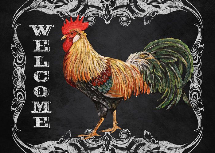 Blackboard Greeting Card featuring the mixed media Welcome Rooster-JP2618 by Jean Plout