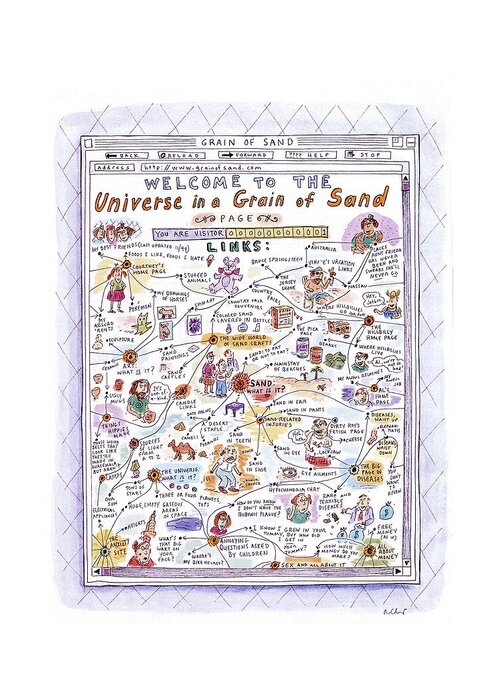 Sand Greeting Card featuring the drawing 'welcome To The Universe In A Grain Of Sand' by Roz Chast