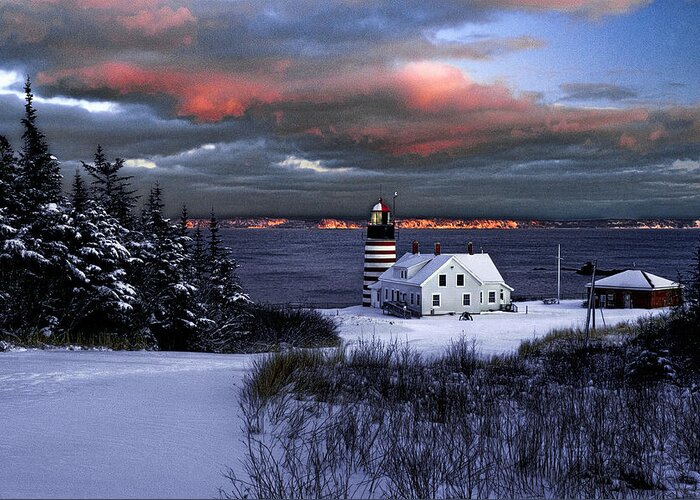 West Quoddy Head Lighthouse Greeting Card featuring the photograph West Quoddy Head Lighthouse Winters Dusk Afterglow by Marty Saccone
