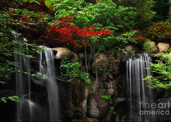 Waterfall Greeting Card featuring the photograph West Waterfall at Japanese Garden by Nancy Mueller