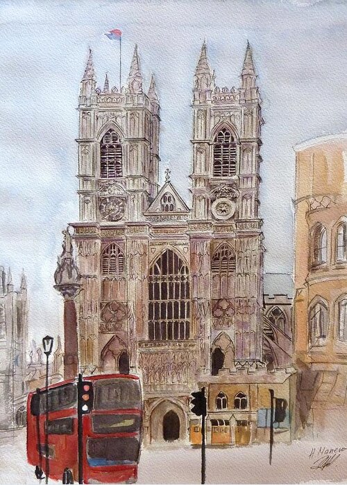Architecture Greeting Card featuring the painting Westminster Abbey by Henrieta Maneva