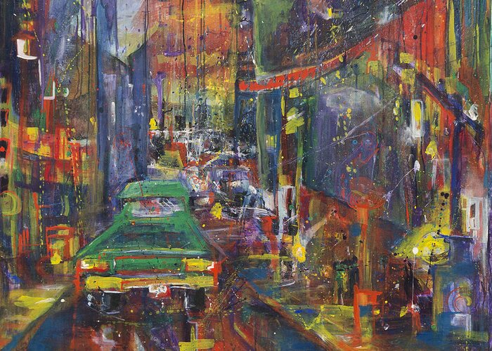 City Greeting Card featuring the painting Wet China Lights by Leela Payne