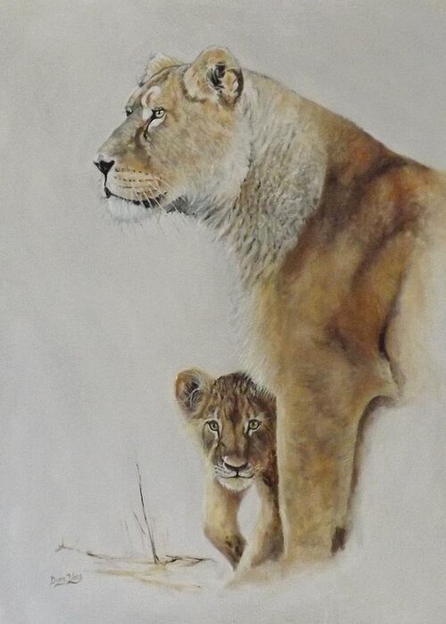 Lion. Lioness Greeting Card featuring the painting What's Up Mum by Barry BLAKE
