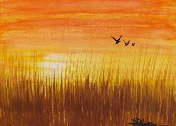 Wheatfield At Sunset Greeting Card featuring the painting Wheatfield at Sunset by Darren Robinson