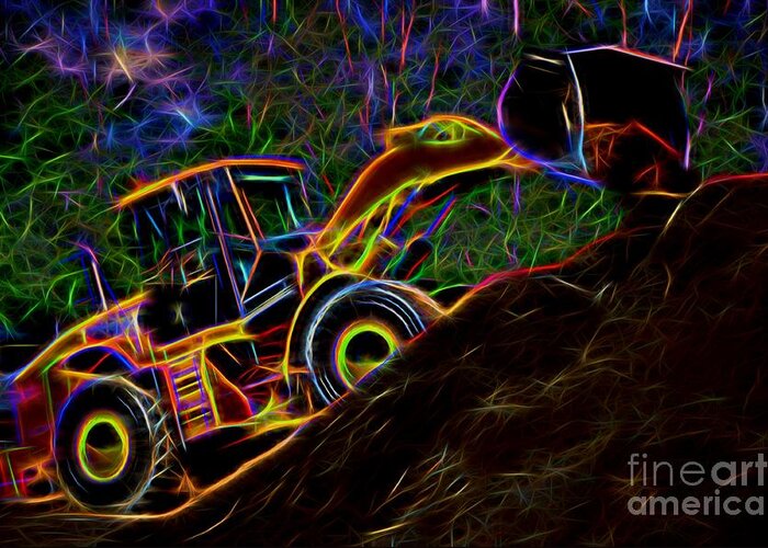 Wheel Loader Greeting Card featuring the photograph Wheel Loader Moving Dirt - Neon by Gary Whitton