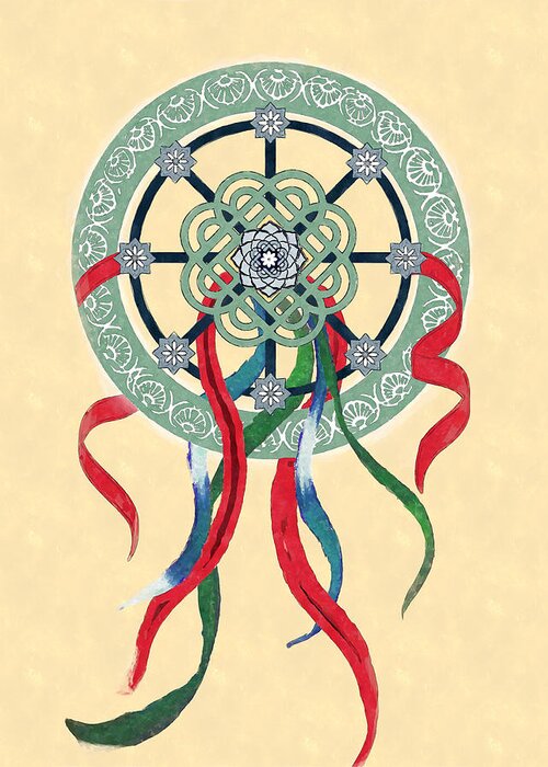 Mandala Greeting Card featuring the digital art Wheel Mandala with Ribbons by Deborah Smith