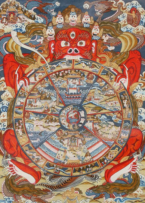Wheel Of Life Or Wheel Of Samsara Greeting Card featuring the painting Wheel of life or wheel of Samsara by Unknown