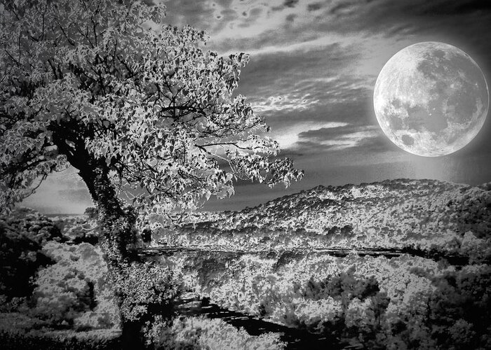 Black And White Greeting Card featuring the photograph When the moon comes over da mountain by Robert McCubbin