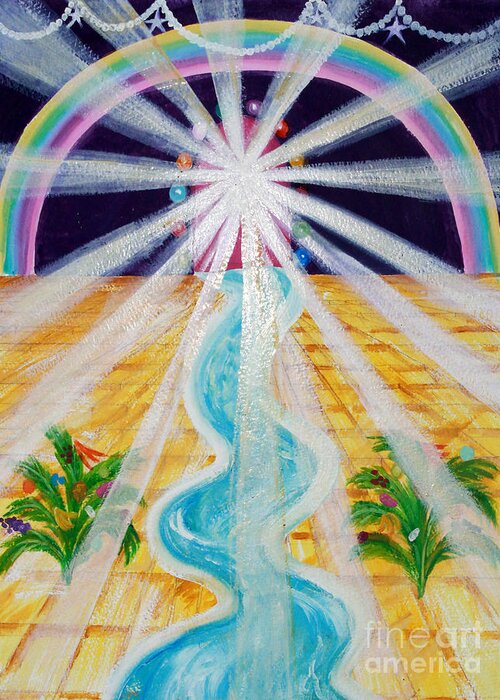 Rainbow Greeting Card featuring the painting Where the road is paved in Gold by Anne Cameron Cutri