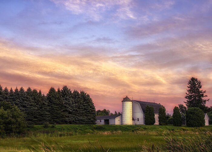White Barn Sunset Greeting Card featuring the photograph White Barn Sunset by Mark Papke