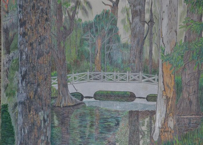 A Landscape Showing A White Bridge In A Swamp.the Area Was In Charlotte Greeting Card featuring the drawing White Bridge by Dave Smith