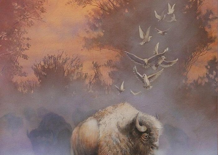 White Buffalo Greeting Card featuring the painting White Buffalo Spirit by Tom Shropshire