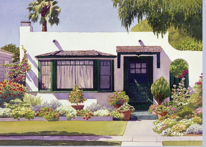 House Portrait Greeting Card featuring the painting White Bungalow in Coronado by Mary Helmreich