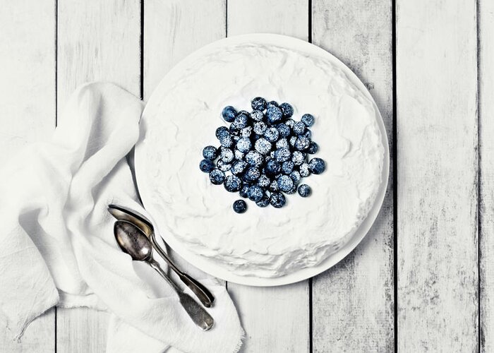 White Background Greeting Card featuring the photograph White Cake With Blueberries by Claudia Totir